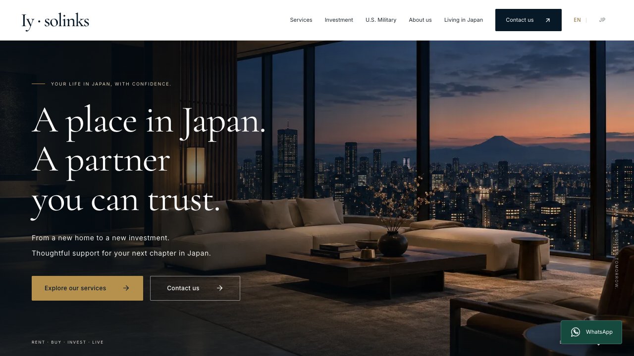 株式会社Iy・solinksの英語版のトップページ。英語でサービスの全体像を紹介し、サービス一覧とお問い合わせへの入口を配置しています。
