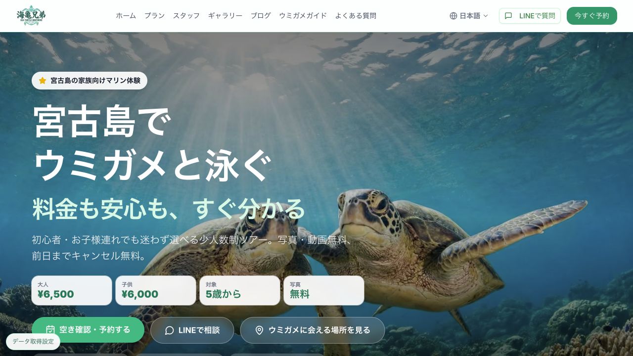 海亀兄弟のWeb制作実績。海の写真とツアー料金、予約ボタンをまとめたトップページ